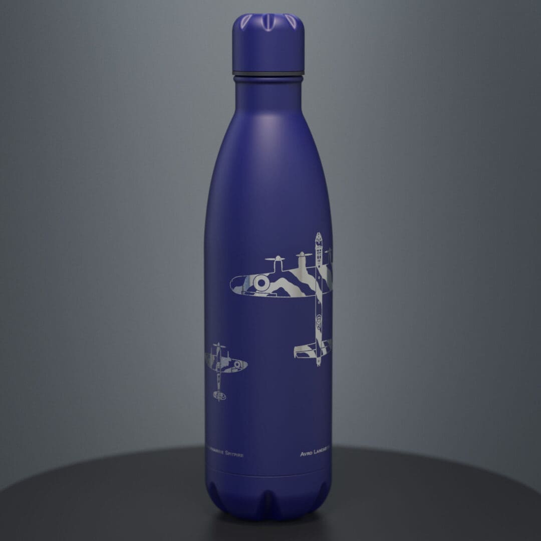 Battle of Britain memorial flight engraved thermal drinks bottle in blue with images of Lancaster, Spitfire and Hurricane