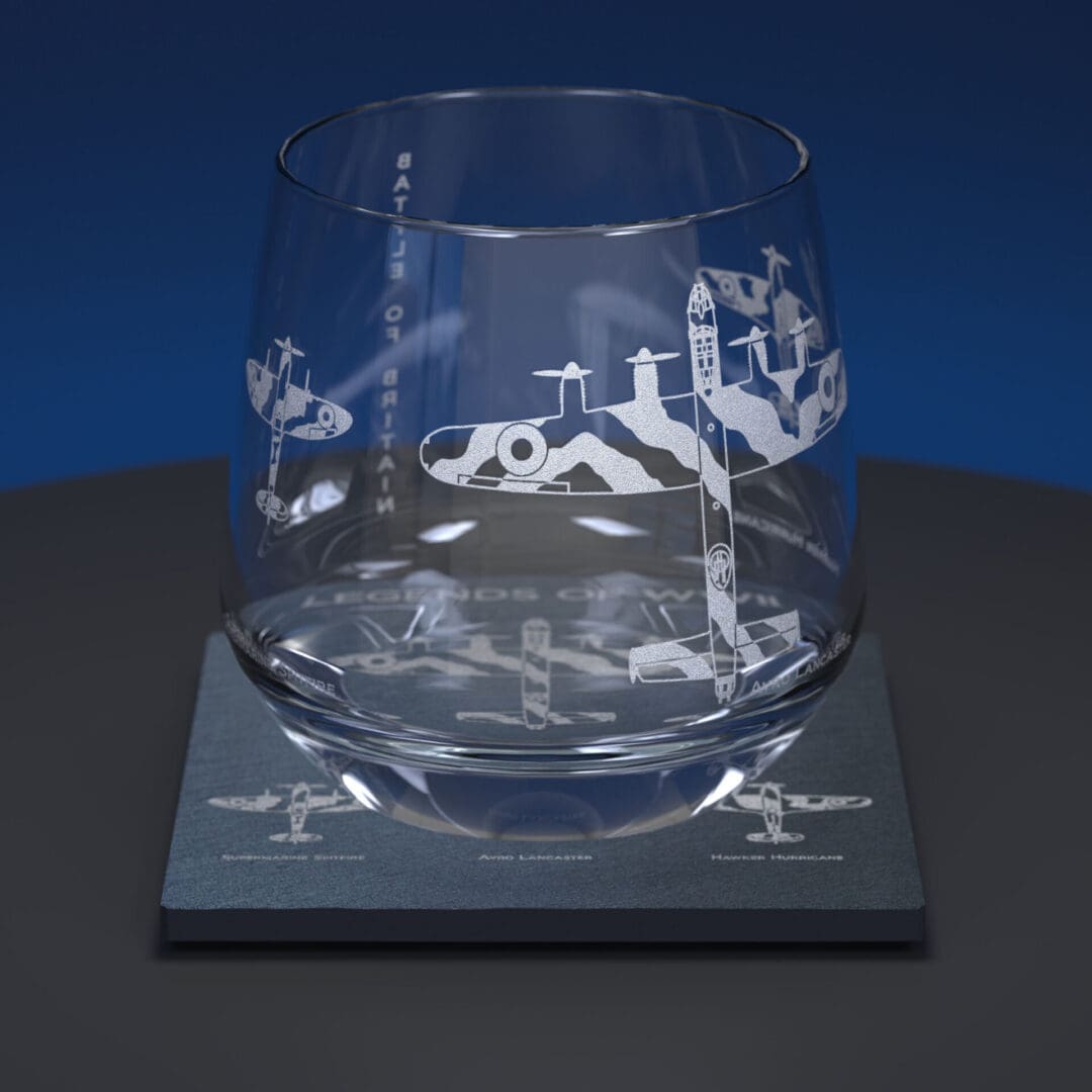 Lancaster, Spitfire and Hurricane engraved whiskey tumbler glass and matching engraved slate coaster