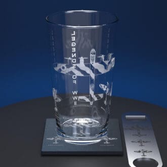 Battle of Britain engraved glass with matching engraved slate coaster and stainless steel bottle opener