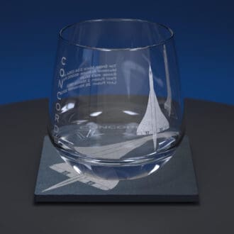 Concorde engraved whiskey tumbler glass with matching engraved slate coaster