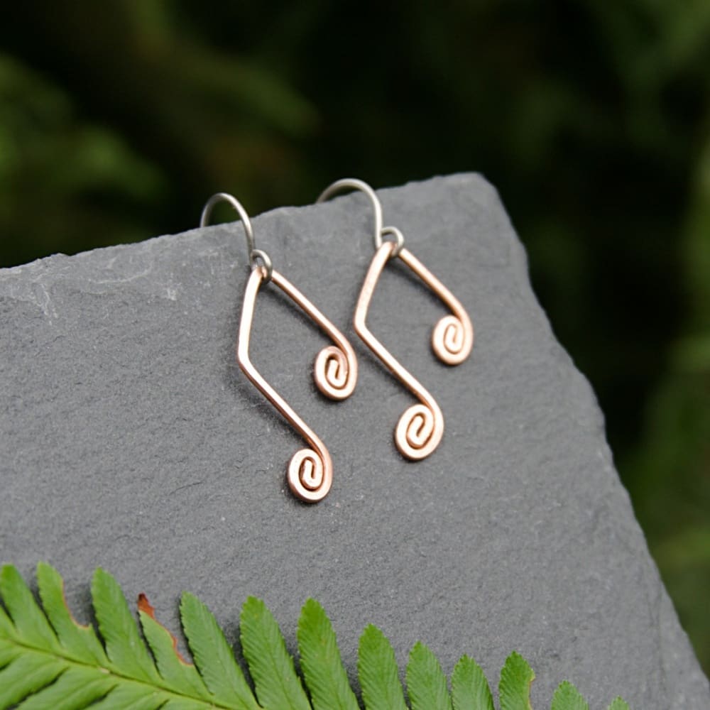 handmade copper double music note earrings