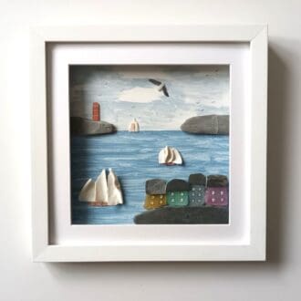 framed coastal scene made from Cornish beachcombed finds