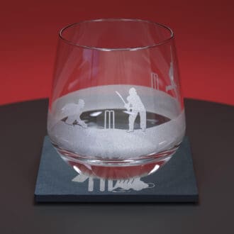 Cricket engraved whiskey glass tumbler with matching slate coaster