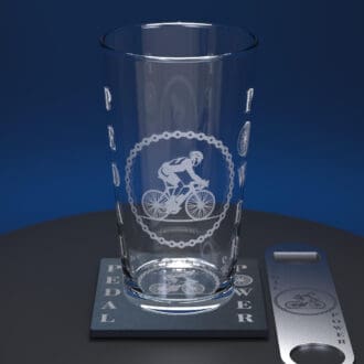 Cycling engraved pint glass with matching slate coaster and stainless steel bottle opener