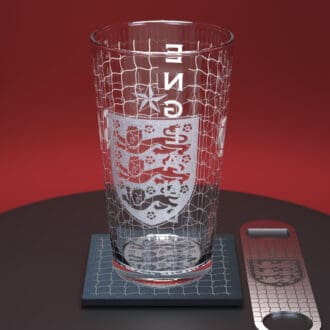 England Football engraved pint glass together with engraved slate coaster and engraved stainless steel bottle opener