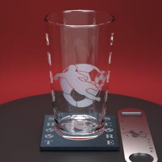 Football engraved pint glass with matching engraved slate coaster and stainless steel bottle opener