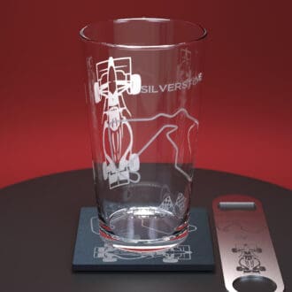 Formula 1 silvestone engraved pint glass with matching engraved slate coaster and engraved stainless steel bottle opener