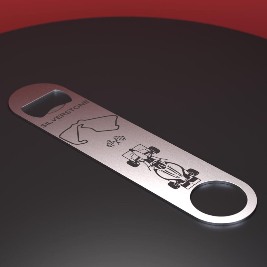 Formua 1 and Silverstone engraved stainless steel bottle opener