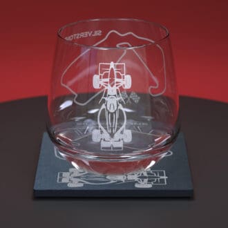 Formula One - Silverstone engraved whiskey tumbler glass with matching slate coaster