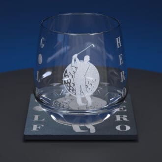 Golf engraved whiskey tumbler glass with matching slate coaster