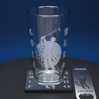 Engraved pint glass with golfer and golf ball background together with engraved slate coaster and engraved stainless steel bottle opener