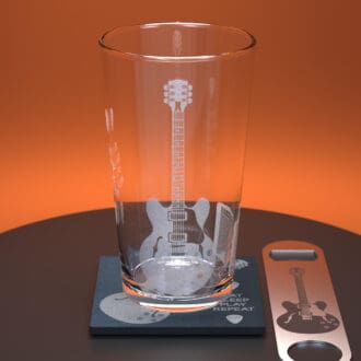 Electric Guitar engraved pint glass with matching engraved slate coaster and stainless steel bottle opener