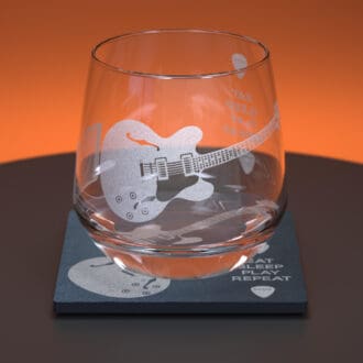 Guitar engraved whiskey tumbler glass with matching slate coaster
