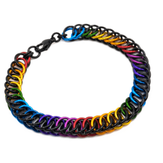 Chainmaille bracelet woven in the half persian 4 in 1 weave , made with back and a rainbow of colours anodized aluminium rings