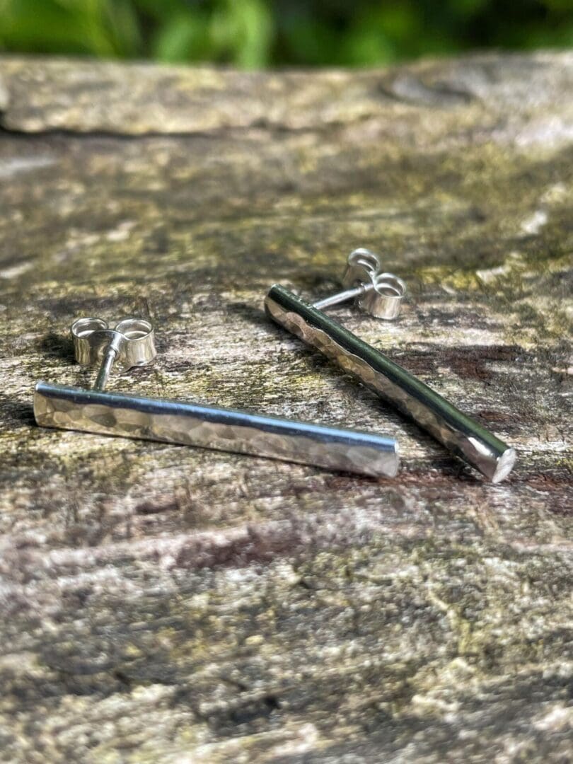 hammered long silver stud earrings
