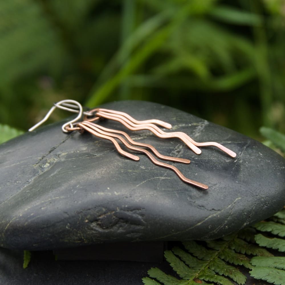 Handmade long copper drop earrings with zigzag dangles