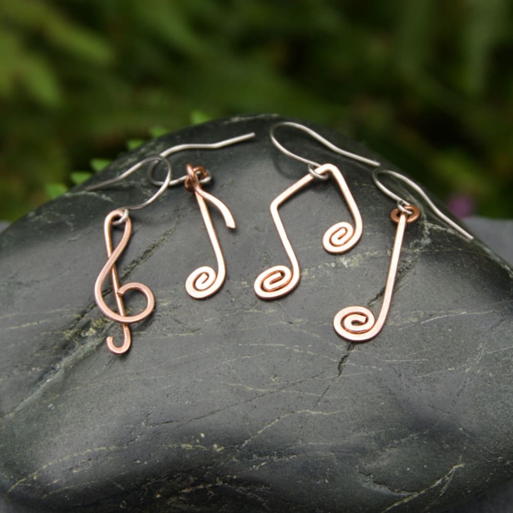 Handmade copper music note earrings - gift for music lover