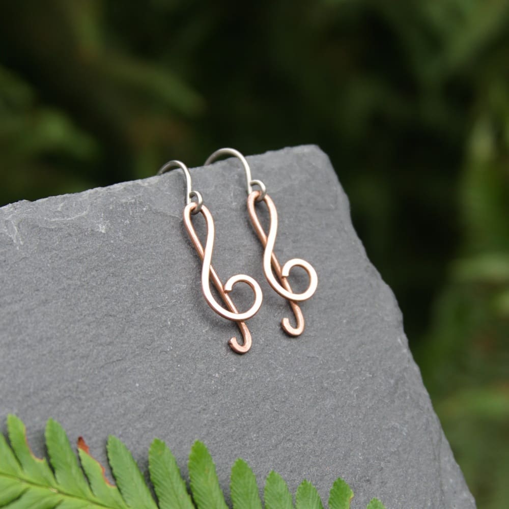 handmade copper treble clef earrings