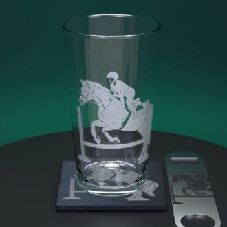Horse Jumping Engraved Pint Glass together with matching slate coaster and stainless steel bottle opener