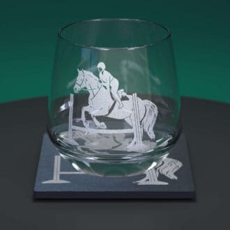 Horse Jumping whiskey glass tumbler with matching slate coaster