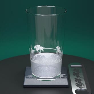 Horse Racing engraved pint glass together with matching slate coaster and stainless steel bottle opener