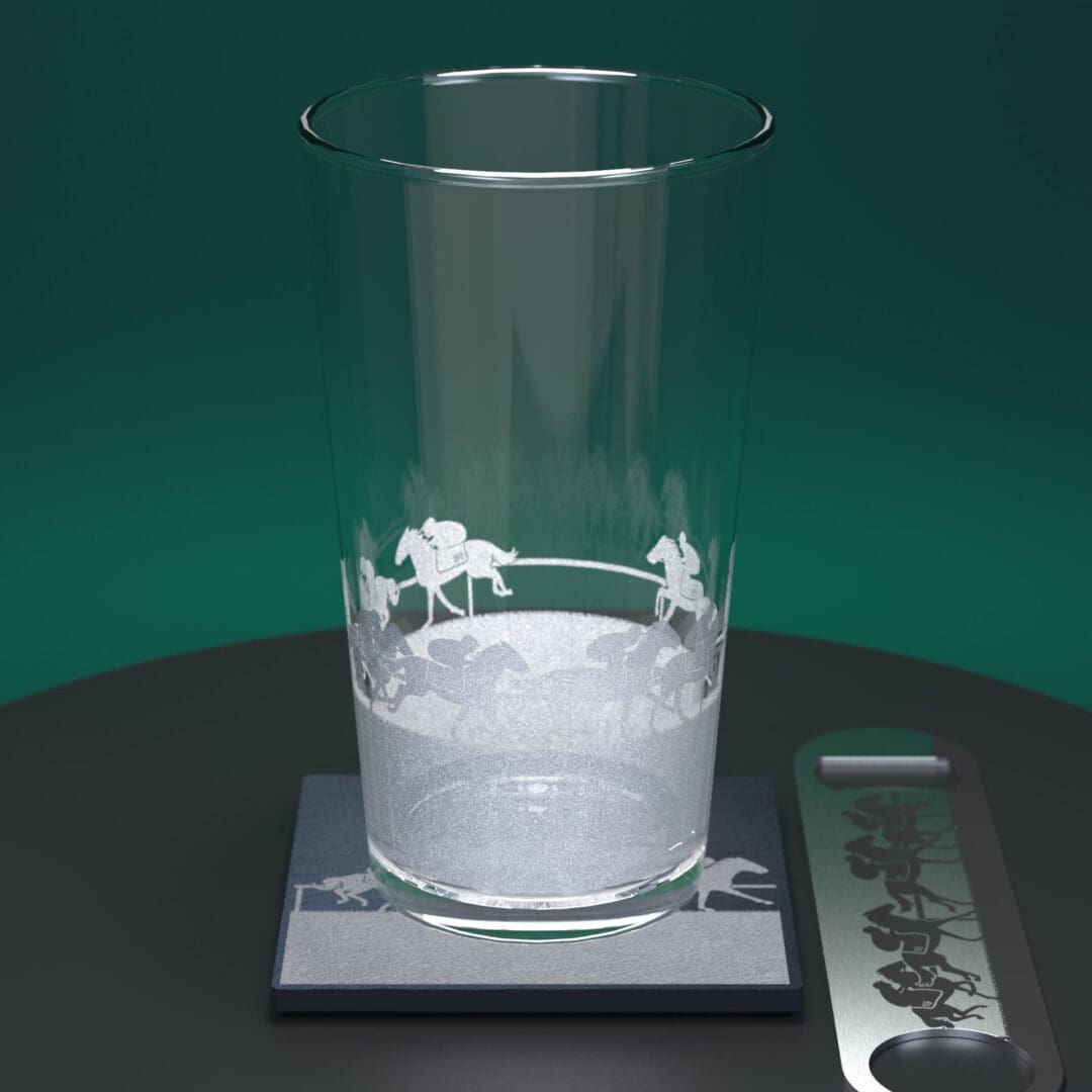 Horse Racing engraved pint glass together with matching slate coaster and stainless steel bottle opener
