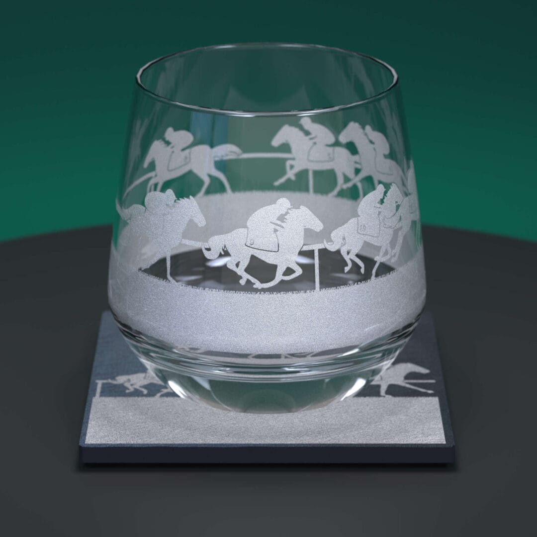Horse Racing engraved tumbler with matching slate coaster