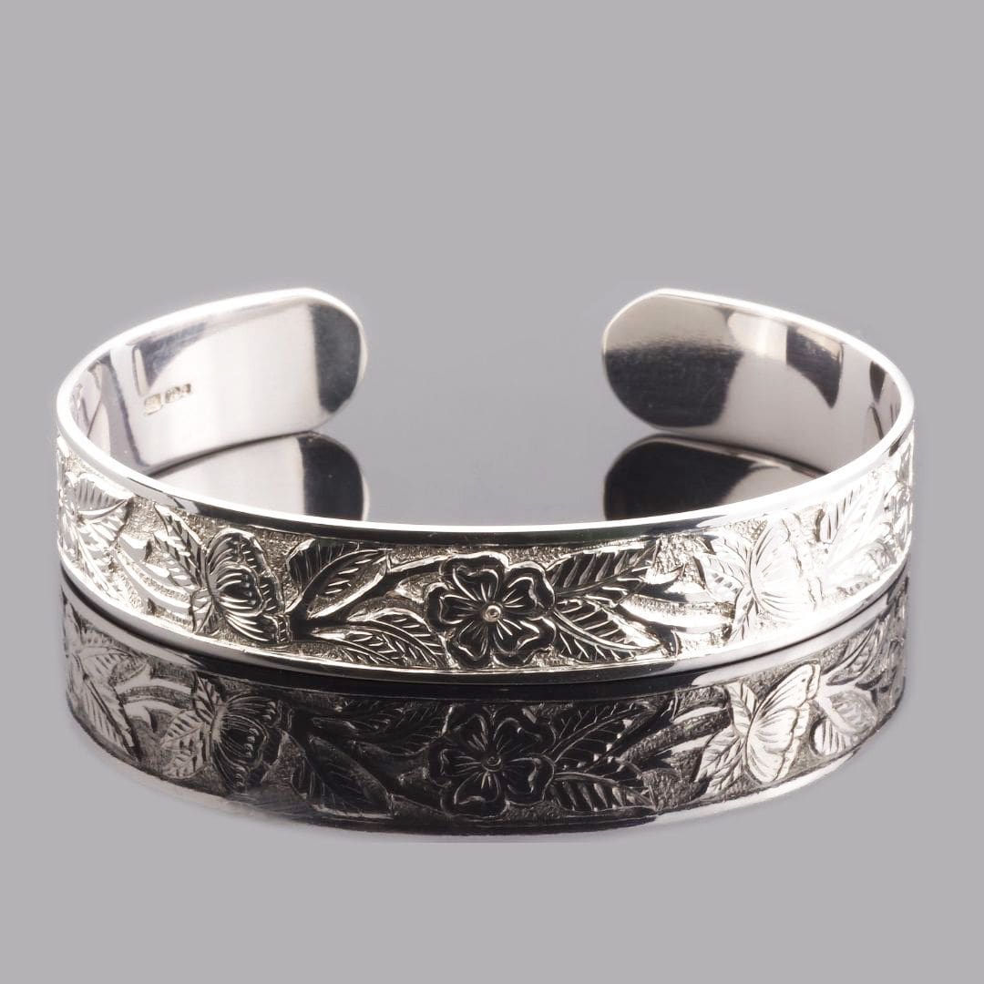 carved sterling silver ladies flower cuff bracelet