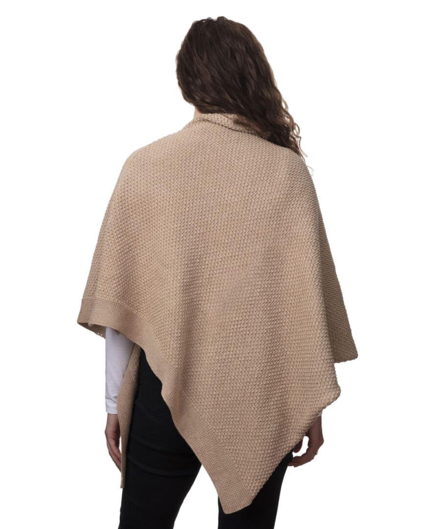 Ladies Beige Cotton Acrylic Patterned Poncho - Back View