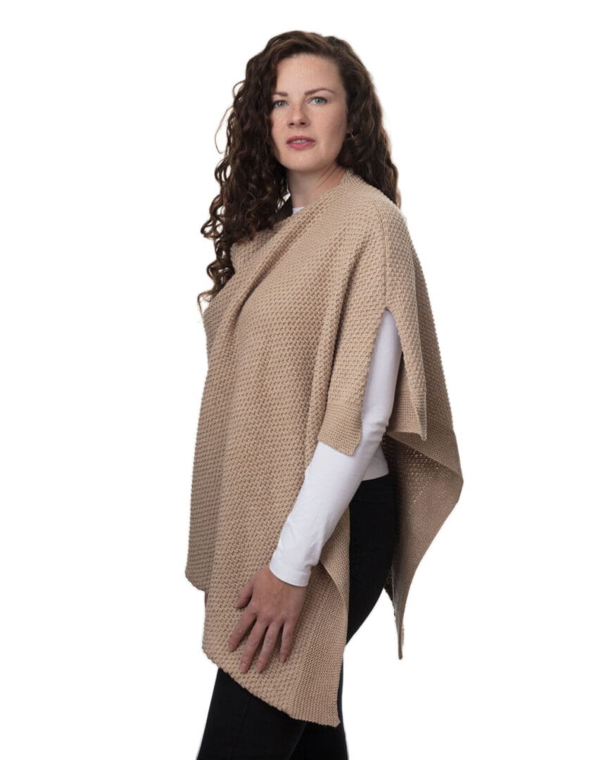 Ladies Beige Cotton Acrylic Patterned Poncho - Side View