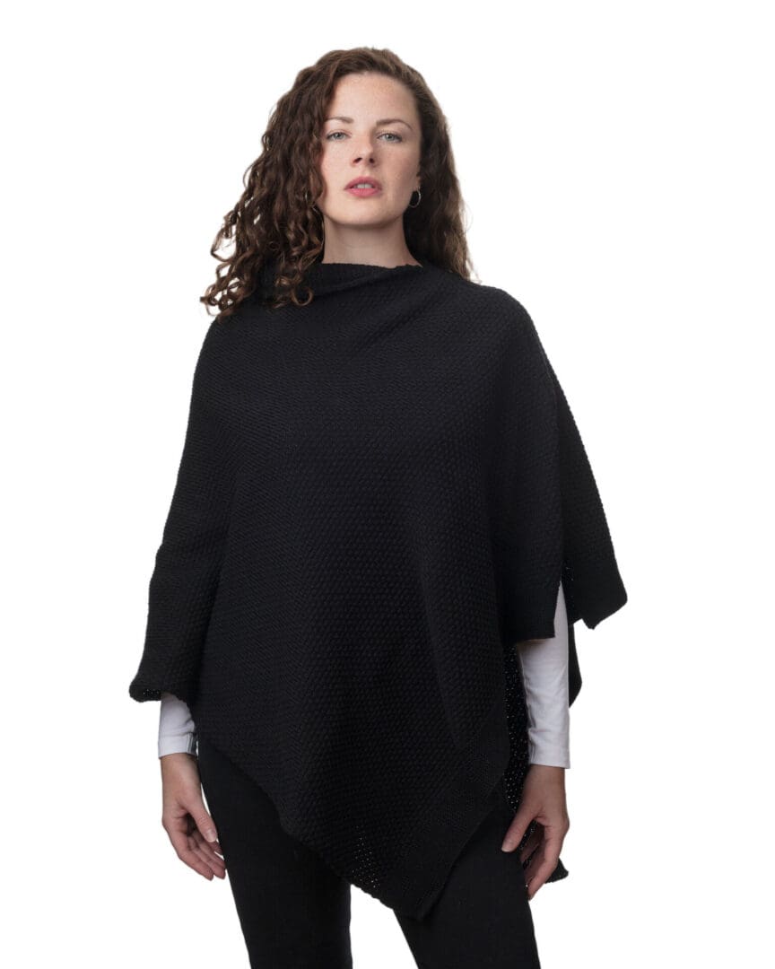 Lady's Black Cotton Acrylic Patterned Poncho - Front View