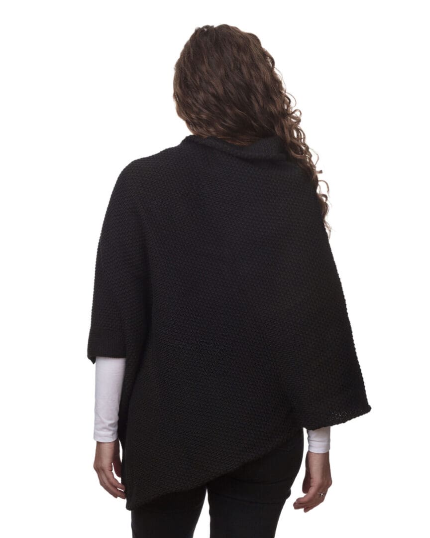 Lady's Black Cotton Acrylic Patterned Poncho - Back View