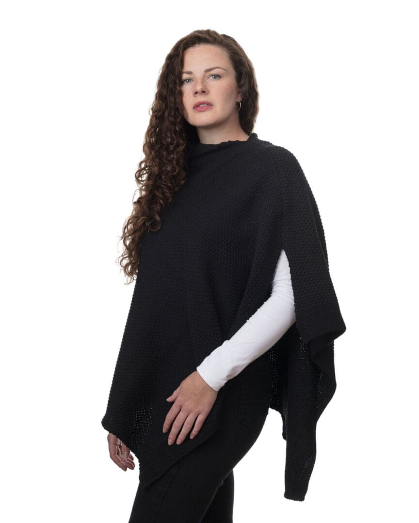 Lady's Black Cotton Acrylic Patterned Poncho - Side View