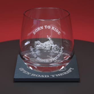 Motorbike engraved whiskey glass tumbler together with a matching slate coaster
