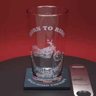 Motorbike engraved pint glass, matching engraved slate coaster and engraved stainless steel bottle opener