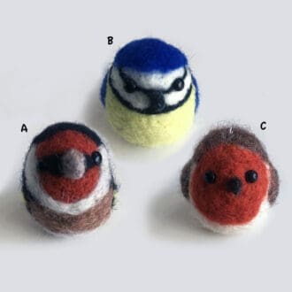 needle felted robin, goldfinch and blue tit bird bag charms