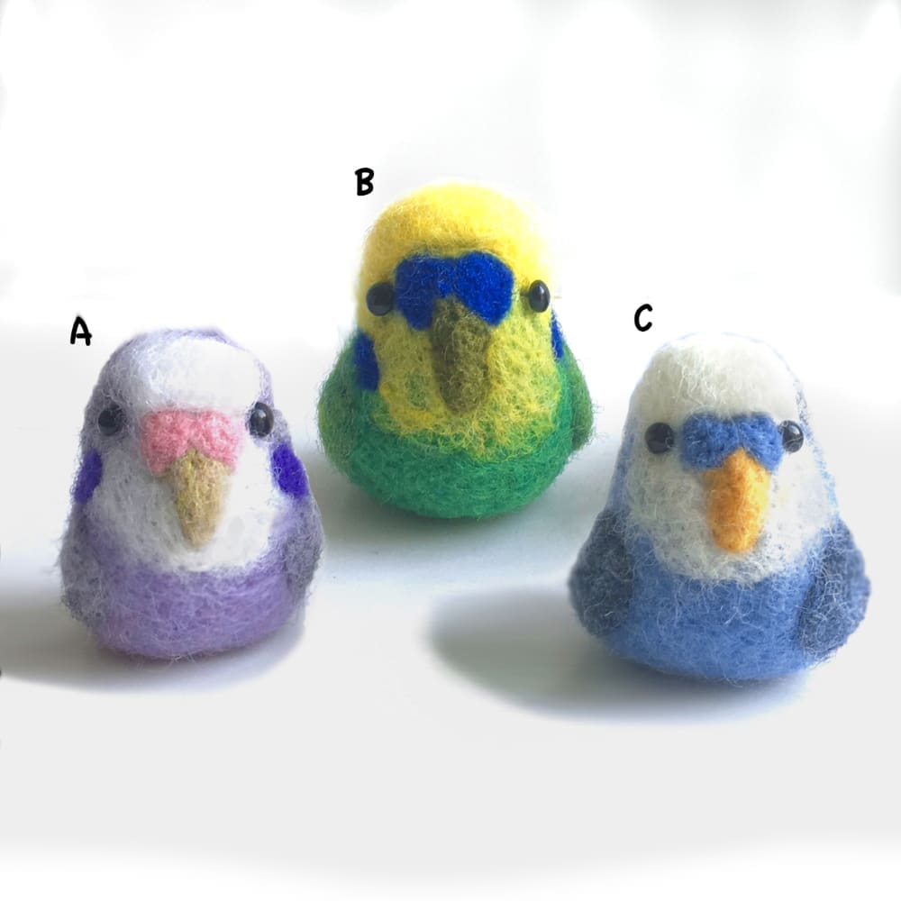 needle felted budgie bag charms in lilac, blue or green