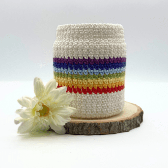a jam jar covered in stripes of cream and raonboe crochet. It is standing on a wood slice and there is a gerbera flower laid by the side. The background is white