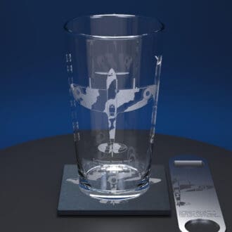 Spitfire engraved beer pint glass set with engraved slate coaster and engraved stainless steel bottle opener