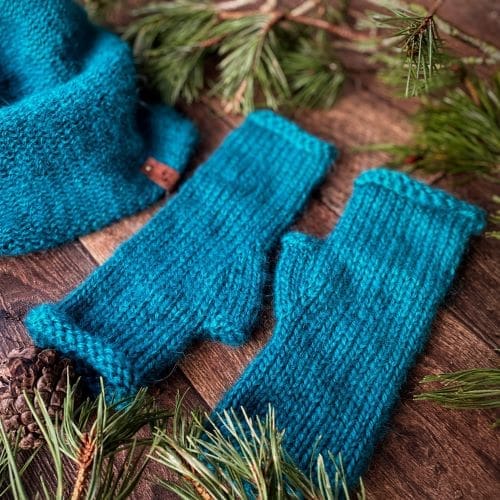 Fluffy teal mohair arm warmers with matching Cowl