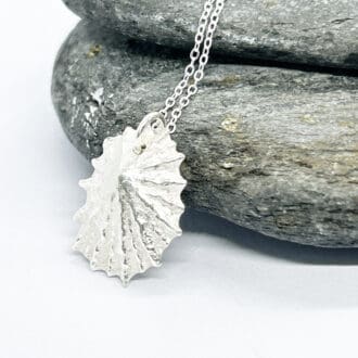 Silver limpet shell necklace balanced against a grey slate stone