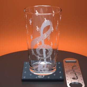 Treble Clef engraved pint glass with matching slate coaster and stainless steel bottle opener