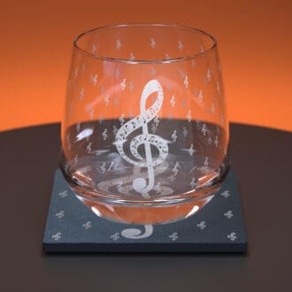 Treble Clef engraved whiskey tumbler glass with matching slate coaster