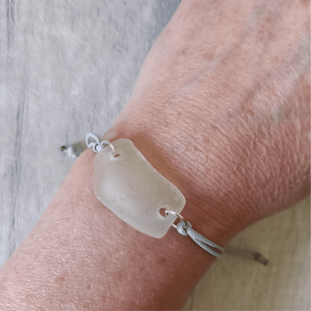 white seaglass bracelet worn on wrist