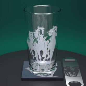 Wild Horses engraved pint glass with matching slate coaster and stainless steel bottle opener