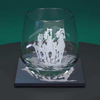 wild horses engraved whiskey tumbler glass with matching coaster