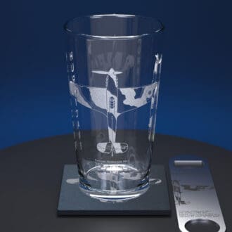 ww2 Hurricane engraved pint glass with engraved slate coaster and engraved stainless steel bottle opener