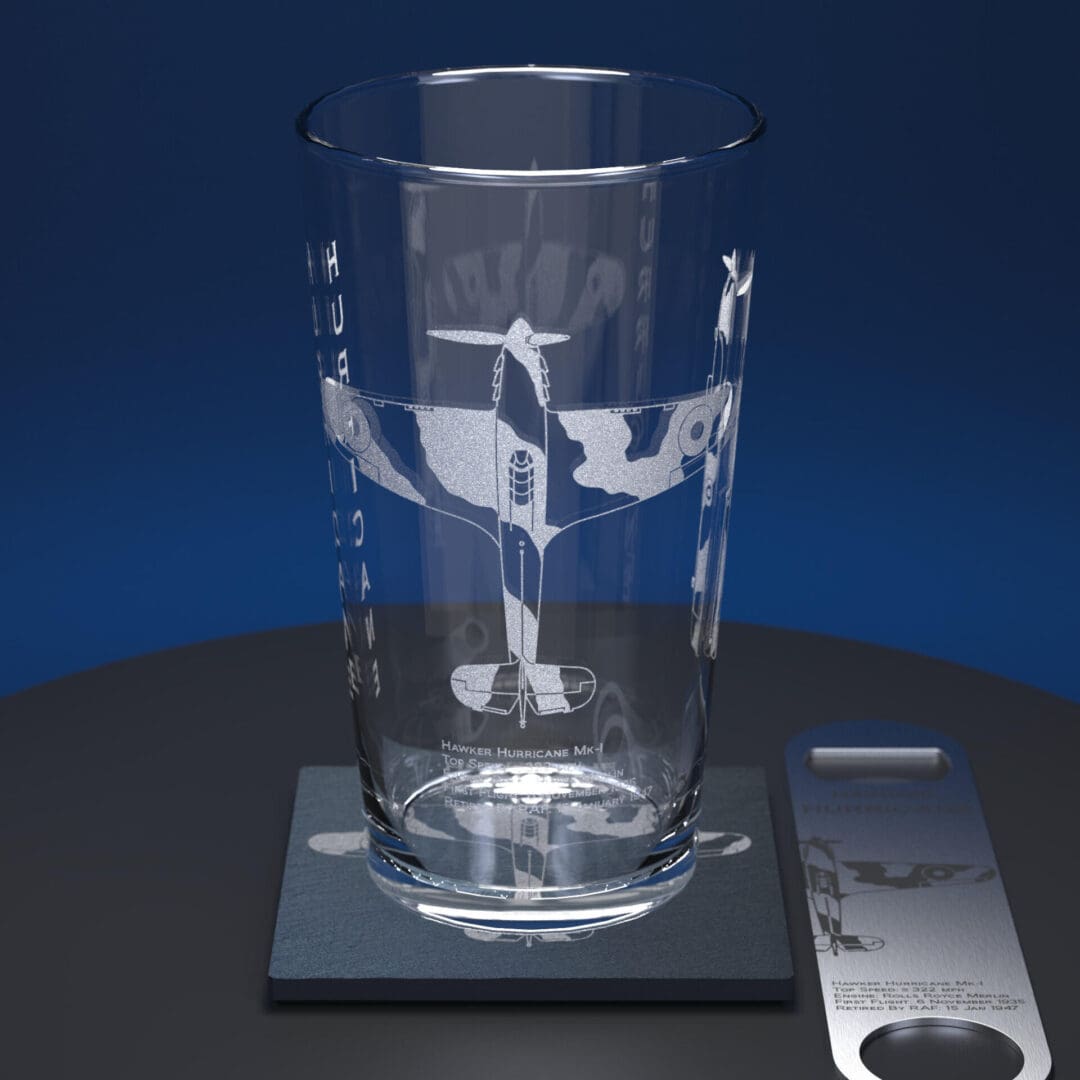 ww2 Hurricane engraved pint glass with engraved slate coaster and engraved stainless steel bottle opener