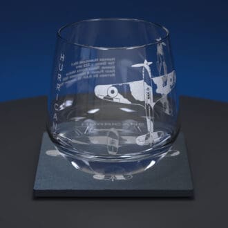 Hawker Hurricane engraved whiskey tumbler glass with matching engraved slate coaster