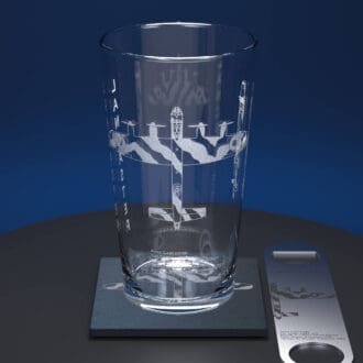 ww2 Lancaster Bomber pint glass together with engraved slate coaster and stainless steel bottle opener